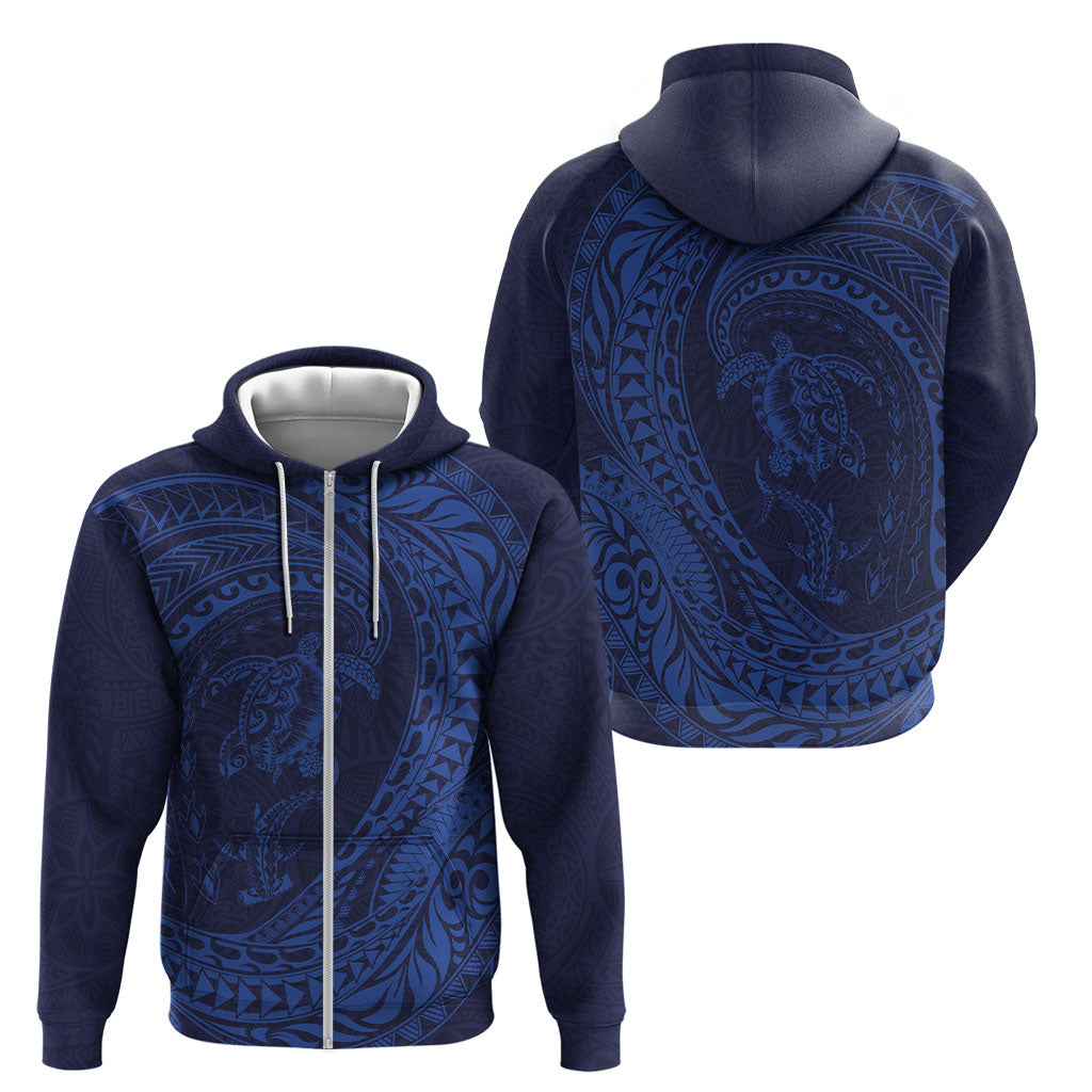 Hawaiian Turtle and Shark Zip Hoodie Kakau Tribal with Polynesian Pattern Blue Color