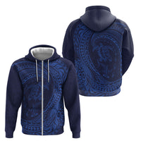 Hawaiian Turtle and Shark Zip Hoodie Kakau Tribal with Polynesian Pattern Blue Color