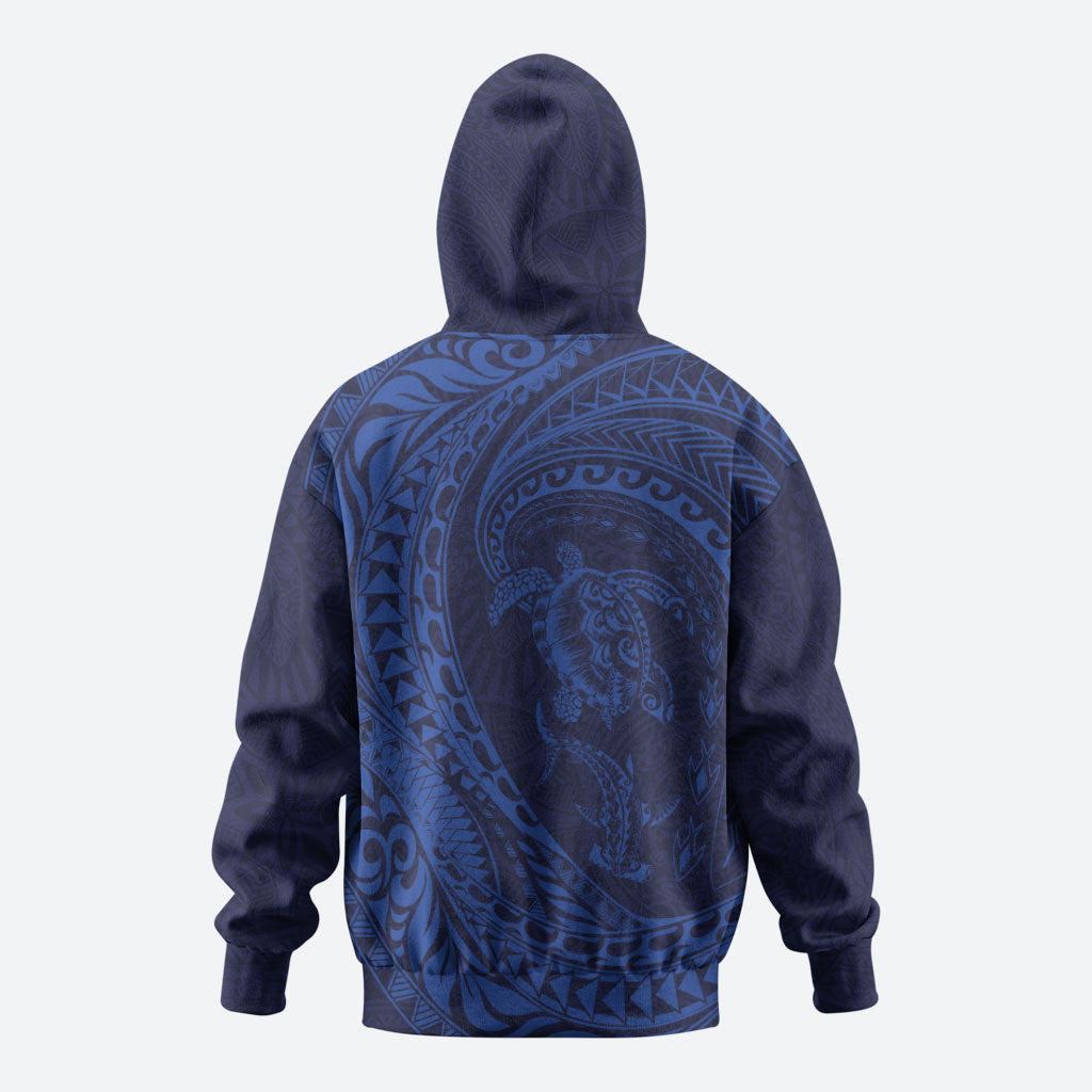 Hawaiian Turtle and Shark Zip Hoodie Kakau Tribal with Polynesian Pattern Blue Color