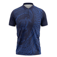 Hawaiian Turtle and Shark Zipper Polo Shirt Kakau Tribal with Polynesian Pattern Blue Color