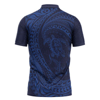 Hawaiian Turtle and Shark Zipper Polo Shirt Kakau Tribal with Polynesian Pattern Blue Color