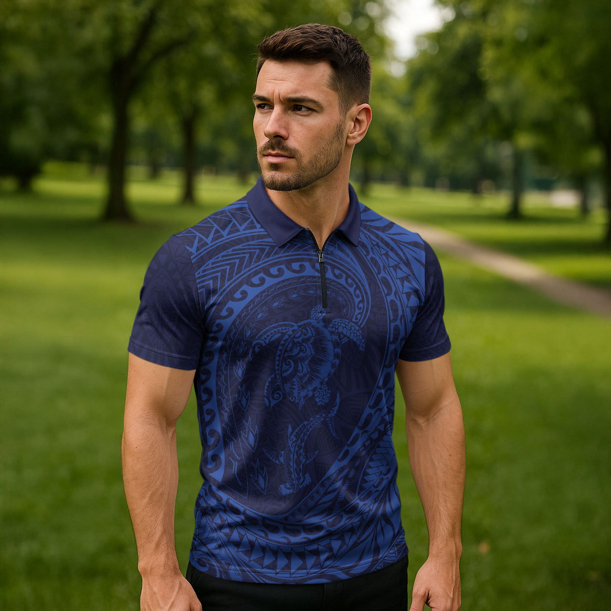 Hawaiian Turtle and Shark Zipper Polo Shirt Kakau Tribal with Polynesian Pattern Blue Color