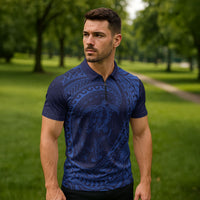 Hawaiian Turtle and Shark Zipper Polo Shirt Kakau Tribal with Polynesian Pattern Blue Color
