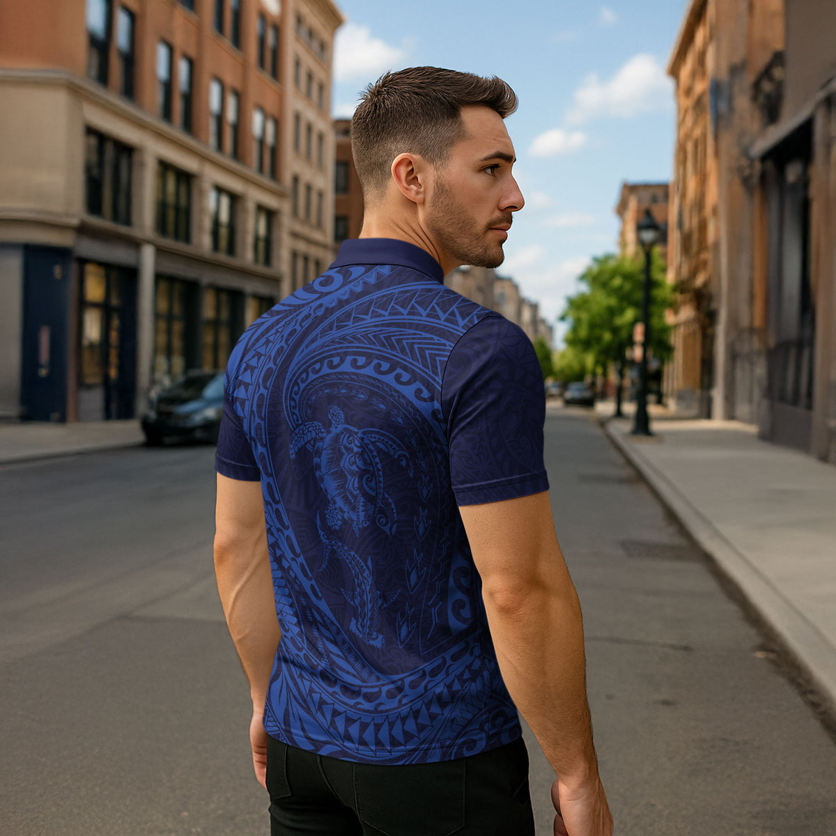 Hawaiian Turtle and Shark Zipper Polo Shirt Kakau Tribal with Polynesian Pattern Blue Color