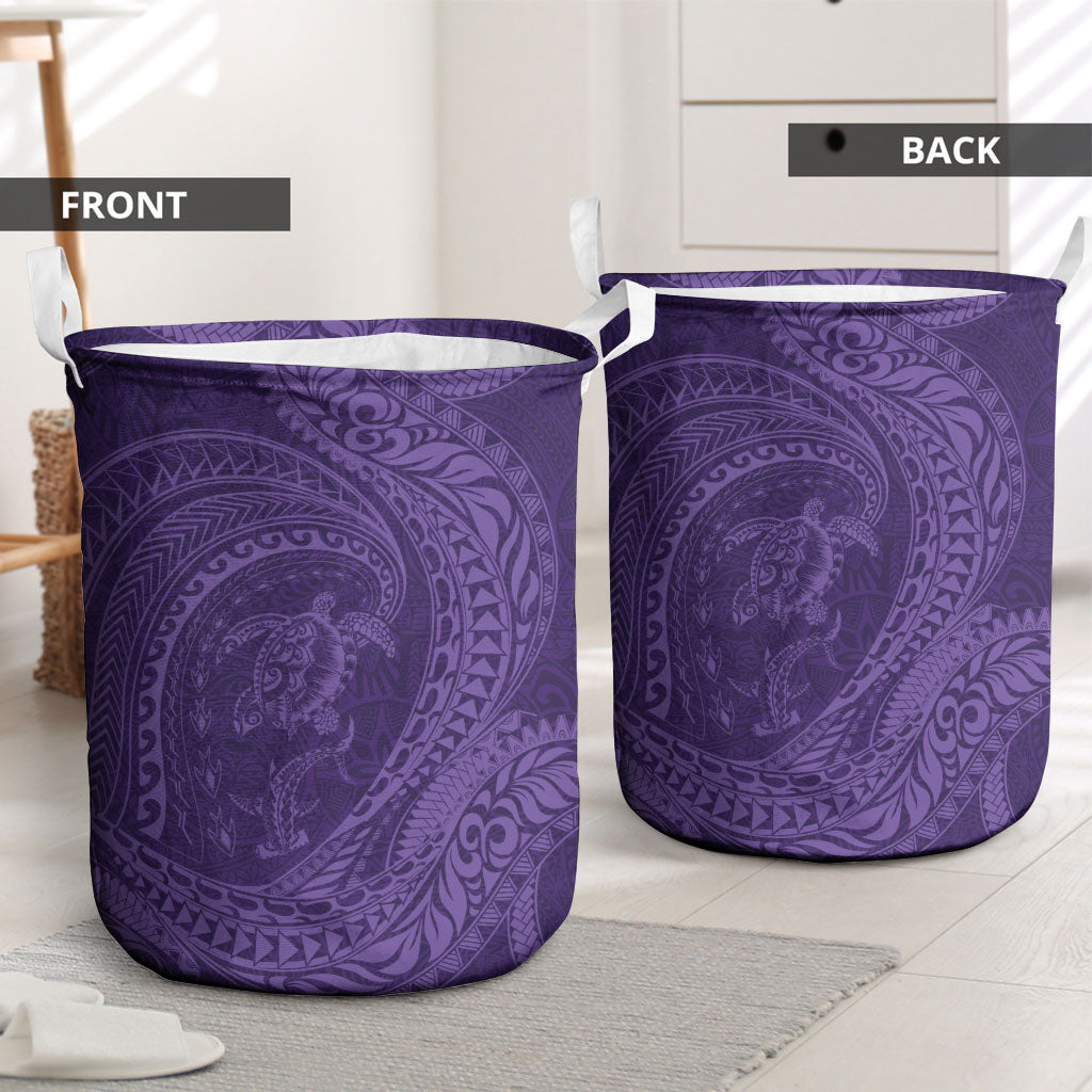 Hawaiian Turtle and Shark Laundry Basket Kakau Tribal with Polynesian Pattern Purple Color