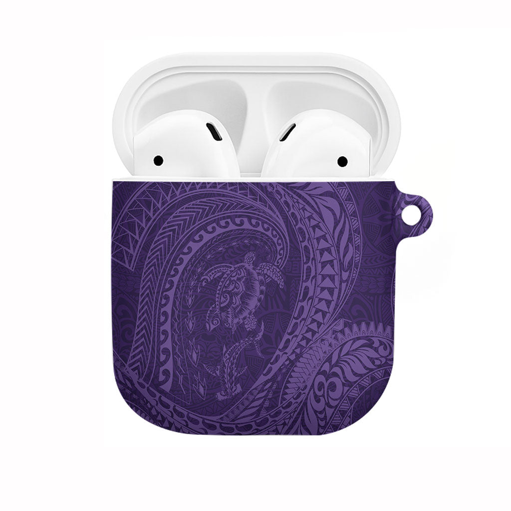 Hawaiian Turtle and Shark AirPods Case Kakau Tribal with Polynesian Pattern Purple Color