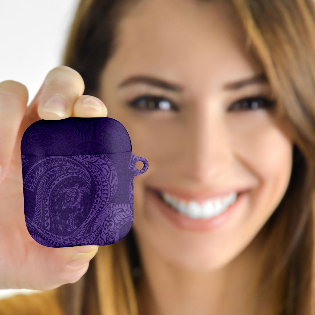 Hawaiian Turtle and Shark AirPods Case Kakau Tribal with Polynesian Pattern Purple Color
