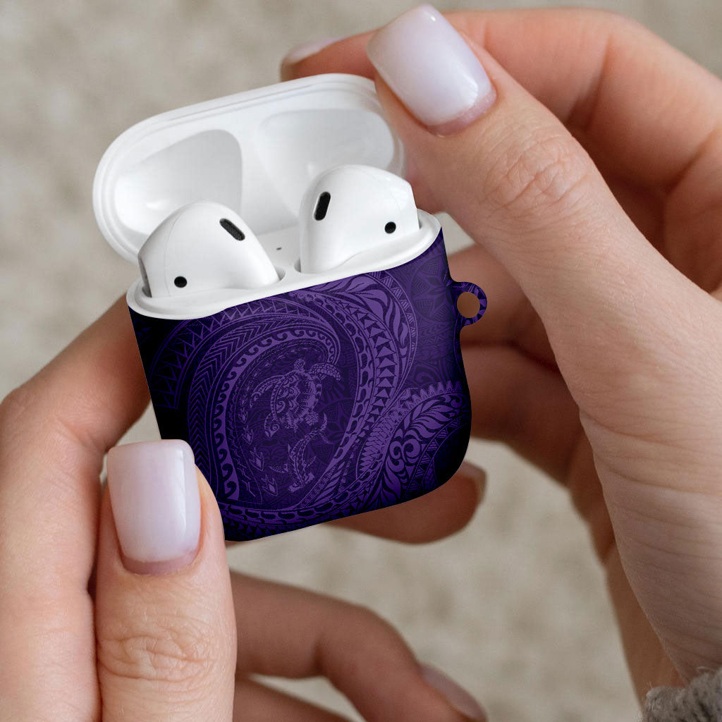Hawaiian Turtle and Shark AirPods Case Kakau Tribal with Polynesian Pattern Purple Color