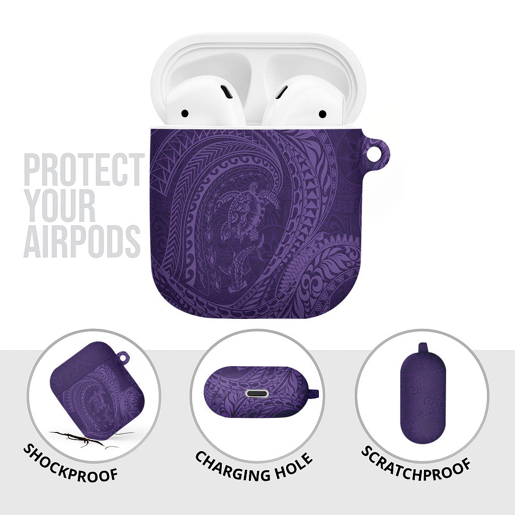 Hawaiian Turtle and Shark AirPods Case Kakau Tribal with Polynesian Pattern Purple Color