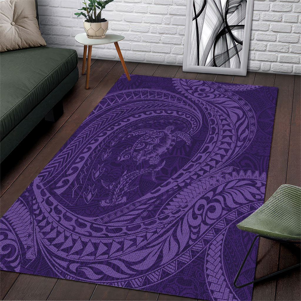 Hawaiian Turtle and Shark Area Rug Kakau Tribal with Polynesian Pattern Purple Color