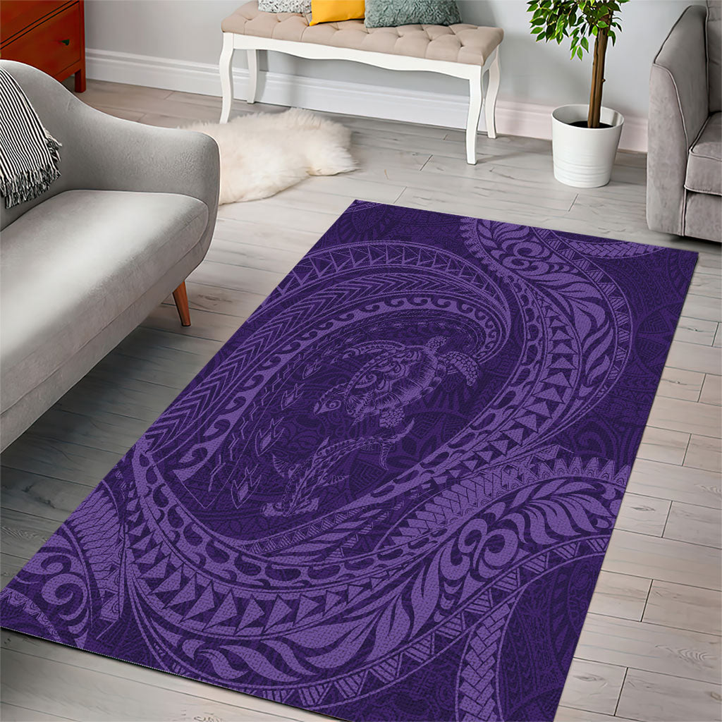 Hawaiian Turtle and Shark Area Rug Kakau Tribal with Polynesian Pattern Purple Color