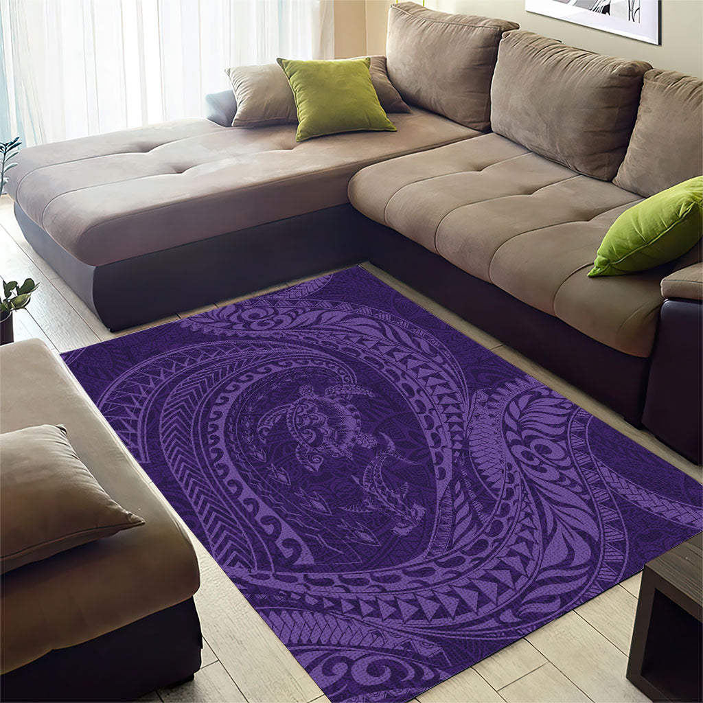 Hawaiian Turtle and Shark Area Rug Kakau Tribal with Polynesian Pattern Purple Color