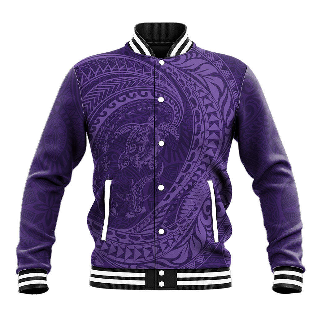 Hawaiian Turtle and Shark Baseball Jacket Kakau Tribal with Polynesian Pattern Purple Color