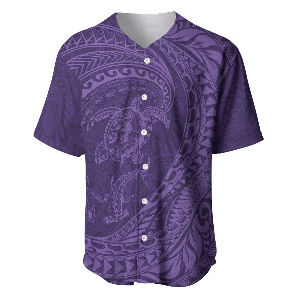 Hawaiian Turtle and Shark Baseball Jersey Kakau Tribal with Polynesian Pattern Purple Color