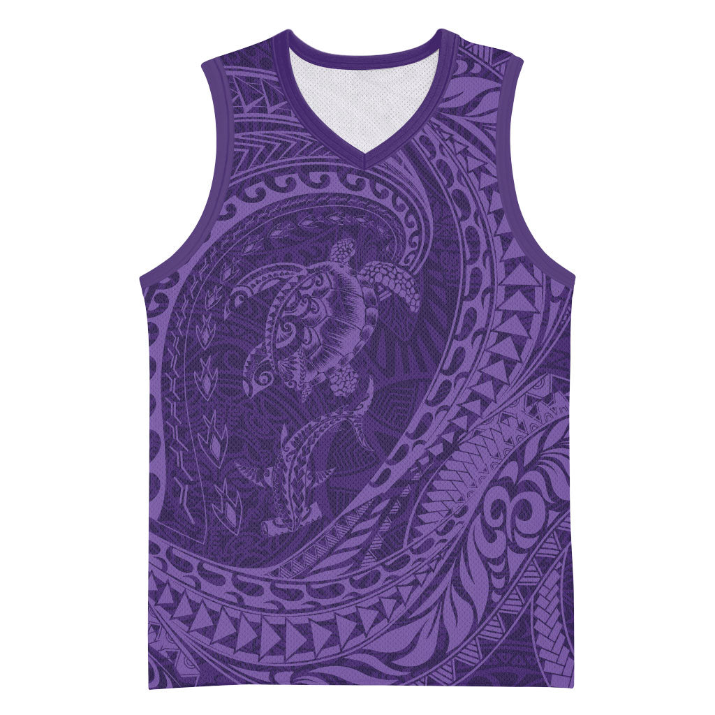 Hawaiian Turtle and Shark Basketball Jersey Kakau Tribal with Polynesian Pattern Purple Color
