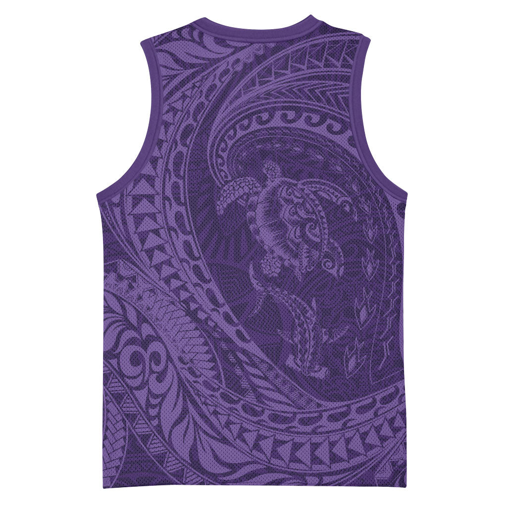Hawaiian Turtle and Shark Basketball Jersey Kakau Tribal with Polynesian Pattern Purple Color