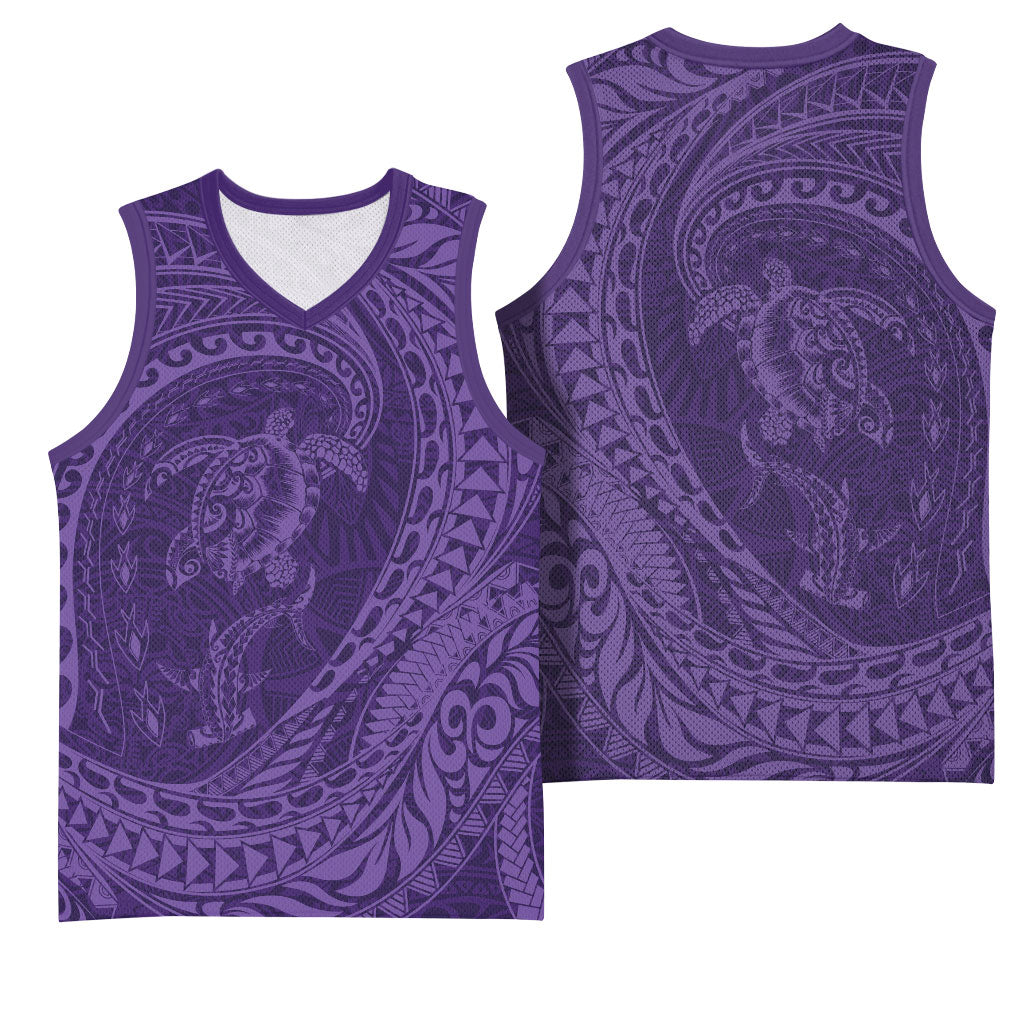 Hawaiian Turtle and Shark Basketball Jersey Kakau Tribal with Polynesian Pattern Purple Color
