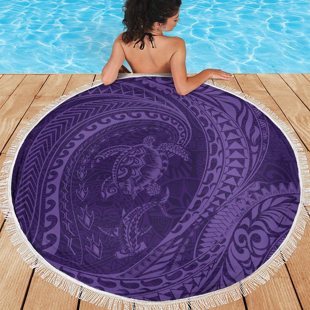 Hawaiian Turtle and Shark Beach Blanket Kakau Tribal with Polynesian Pattern Purple Color