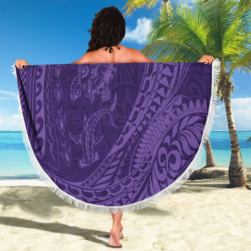 Hawaiian Turtle and Shark Beach Blanket Kakau Tribal with Polynesian Pattern Purple Color
