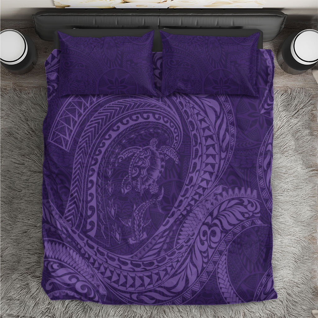 Hawaiian Turtle and Shark Bedding Set Kakau Tribal with Polynesian Pattern Purple Color