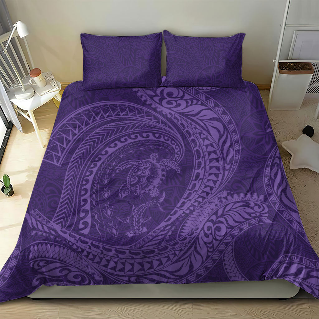 Hawaiian Turtle and Shark Bedding Set Kakau Tribal with Polynesian Pattern Purple Color