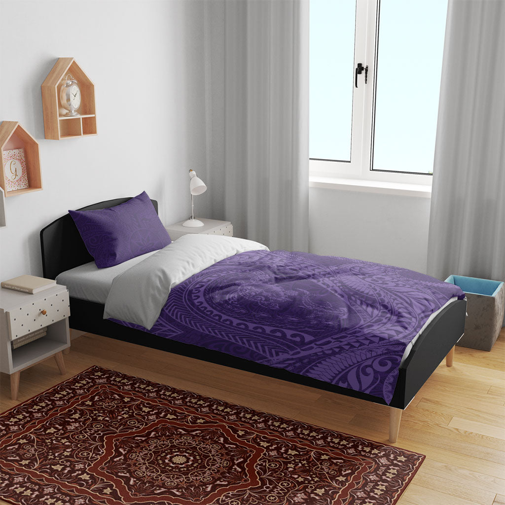 Hawaiian Turtle and Shark Bedding Set Kakau Tribal with Polynesian Pattern Purple Color