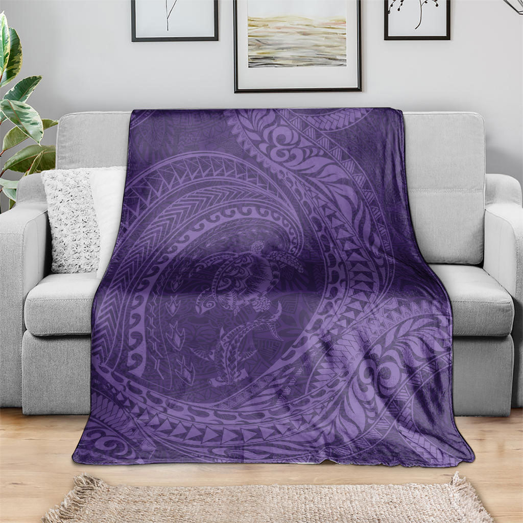 Hawaiian Turtle and Shark Blanket Kakau Tribal with Polynesian Pattern Purple Color