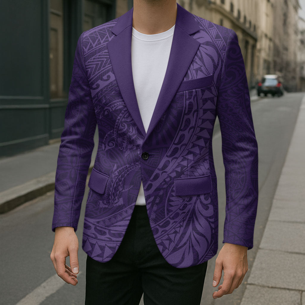 Hawaiian Turtle and Shark Blazer Kakau Tribal with Polynesian Pattern Purple Color