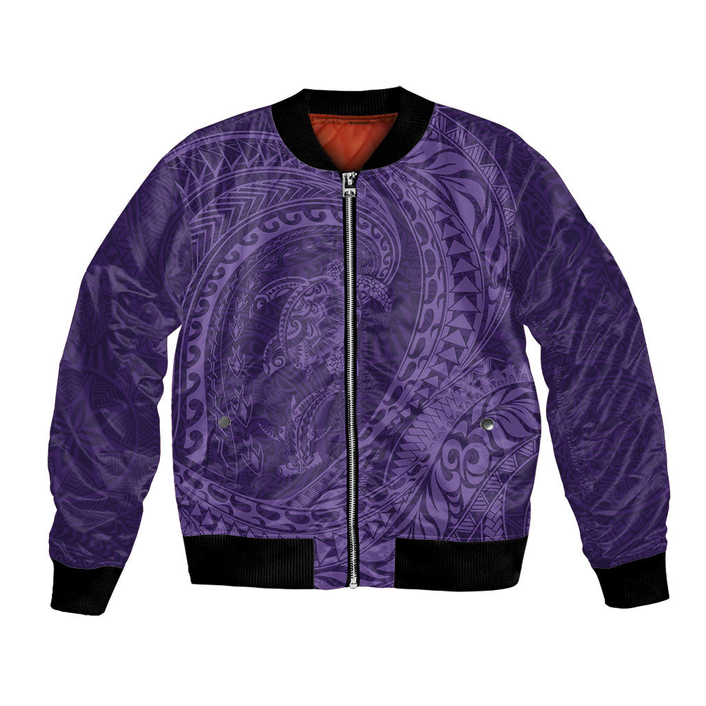 Hawaiian Turtle and Shark Bomber Jacket Kakau Tribal with Polynesian Pattern Purple Color