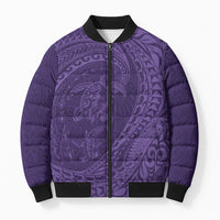 Hawaiian Turtle and Shark Bomber Puffer Jacket Kakau Tribal with Polynesian Pattern Purple Color