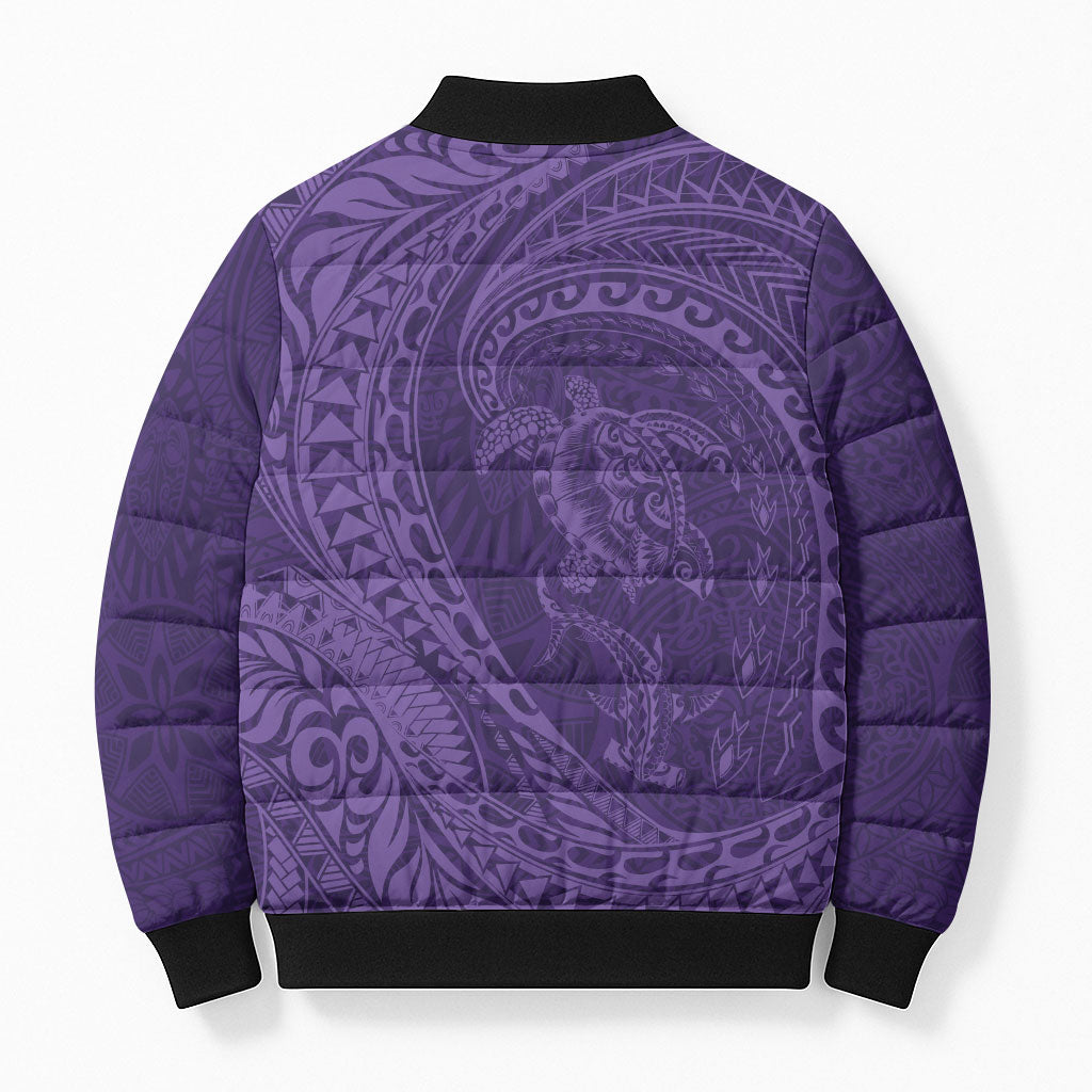 Hawaiian Turtle and Shark Bomber Puffer Jacket Kakau Tribal with Polynesian Pattern Purple Color