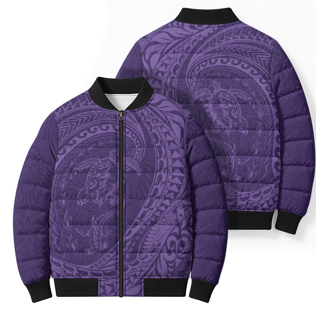 Hawaiian Turtle and Shark Bomber Puffer Jacket Kakau Tribal with Polynesian Pattern Purple Color