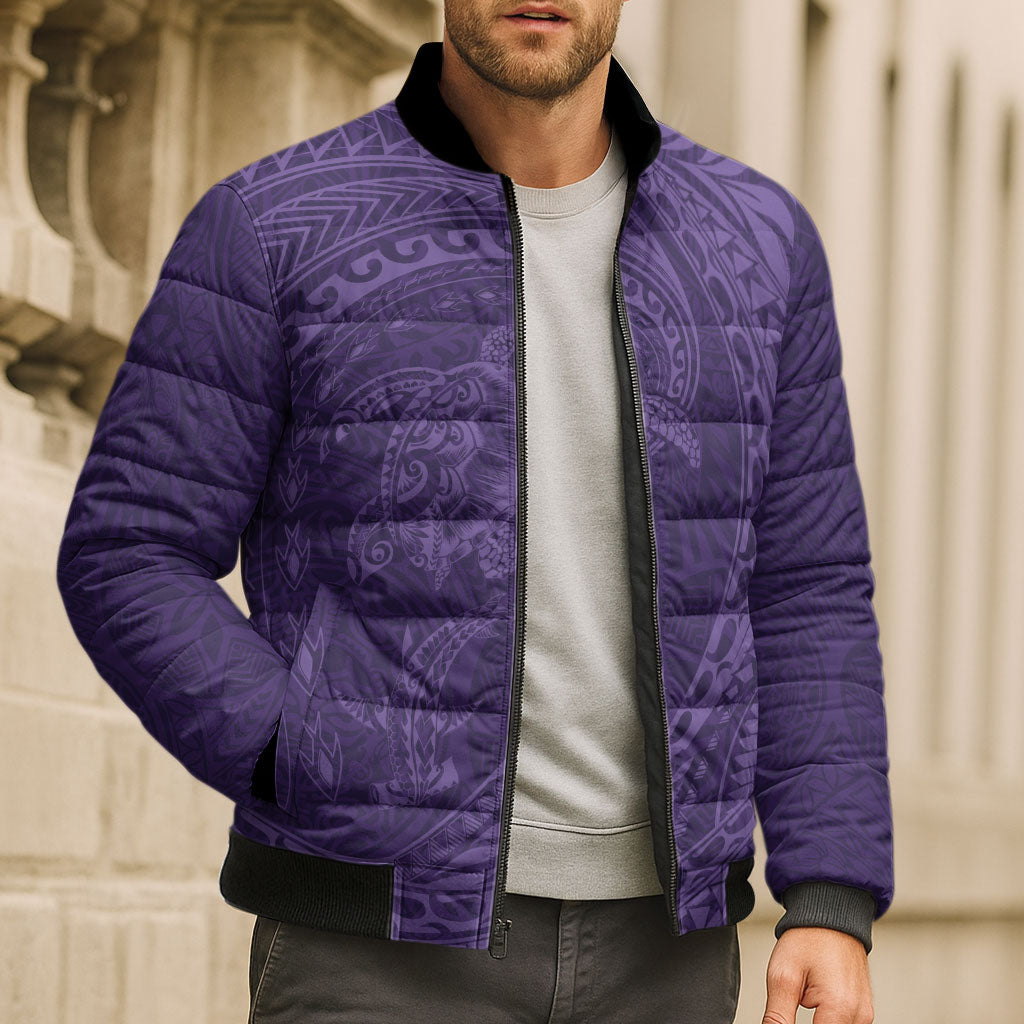 Hawaiian Turtle and Shark Bomber Puffer Jacket Kakau Tribal with Polynesian Pattern Purple Color