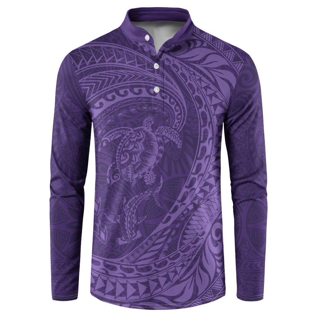 Hawaiian Turtle and Shark Button Sweatshirt Kakau Tribal with Polynesian Pattern Purple Color