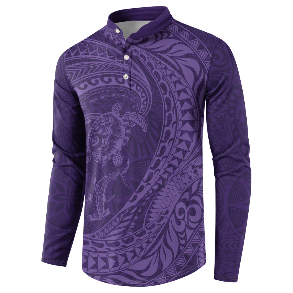 Hawaiian Turtle and Shark Button Sweatshirt Kakau Tribal with Polynesian Pattern Purple Color
