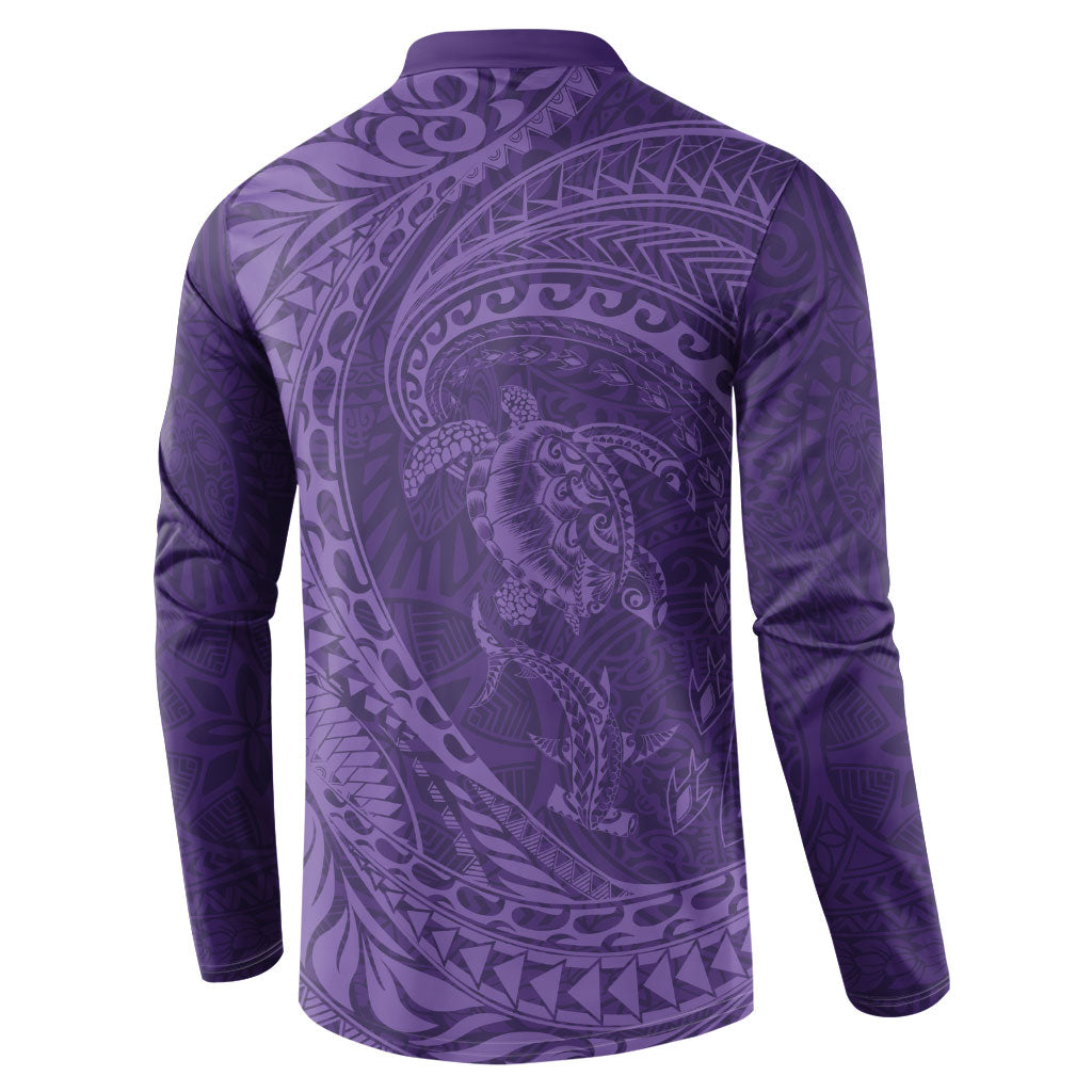 Hawaiian Turtle and Shark Button Sweatshirt Kakau Tribal with Polynesian Pattern Purple Color