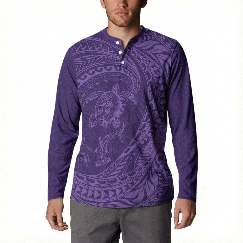 Hawaiian Turtle and Shark Button Sweatshirt Kakau Tribal with Polynesian Pattern Purple Color