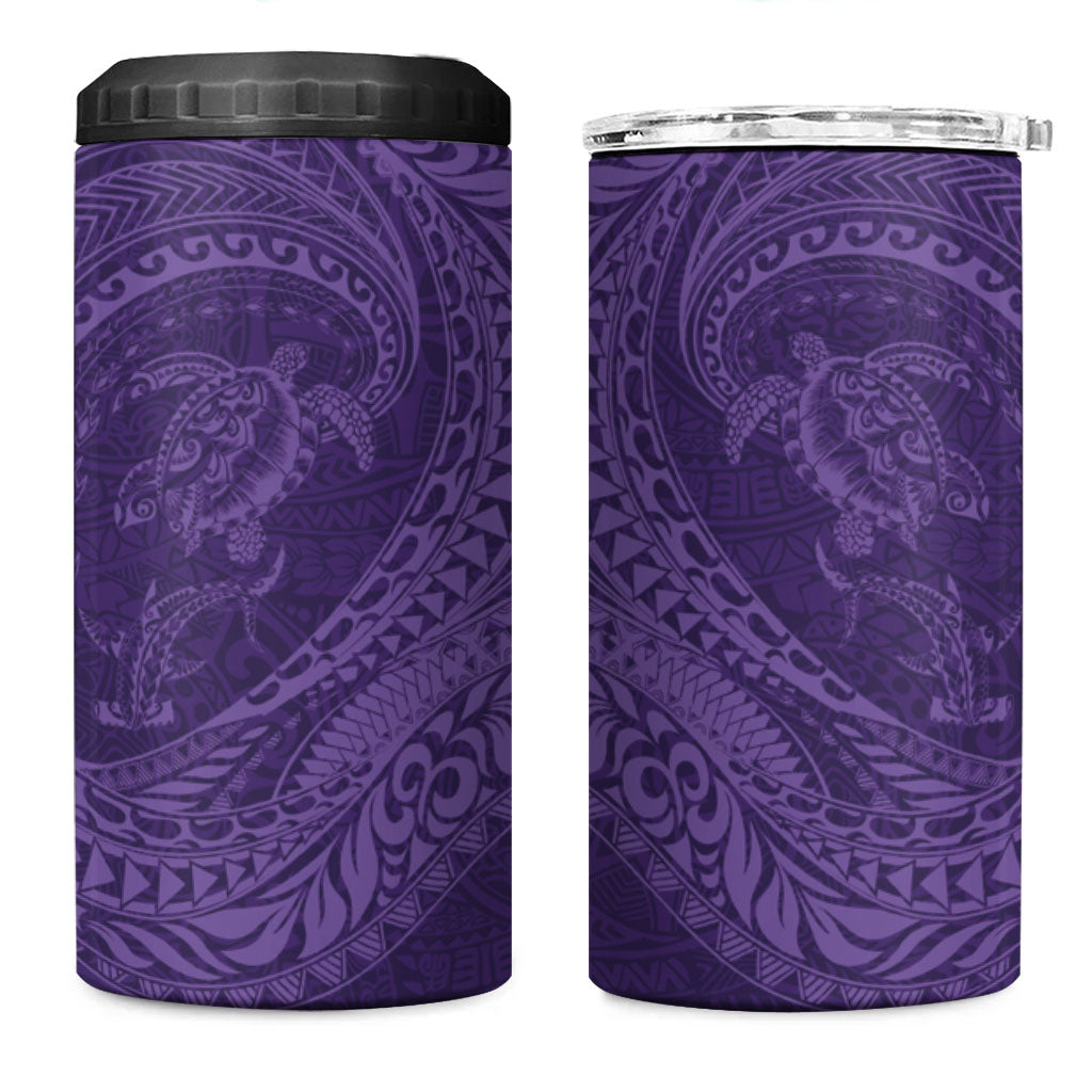 Hawaiian Turtle and Shark 4 in 1 Can Cooler Tumbler Kakau Tribal with Polynesian Pattern Purple Color