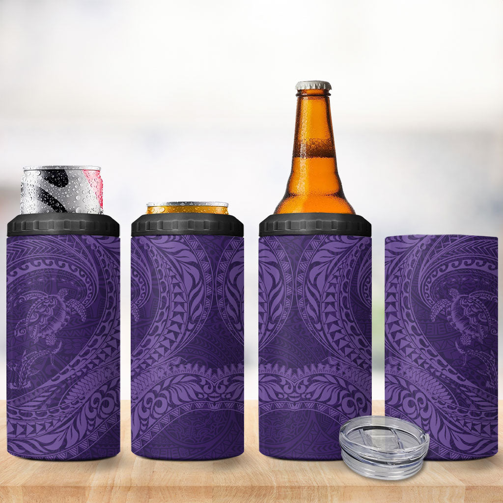 Hawaiian Turtle and Shark 4 in 1 Can Cooler Tumbler Kakau Tribal with Polynesian Pattern Purple Color