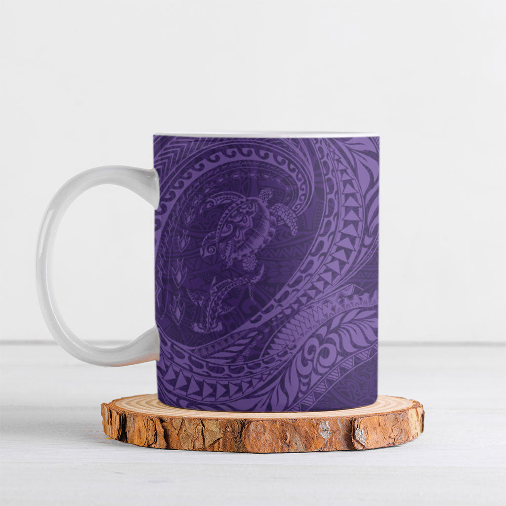 Hawaiian Turtle and Shark Ceramic Mug Kakau Tribal with Polynesian Pattern Purple Color