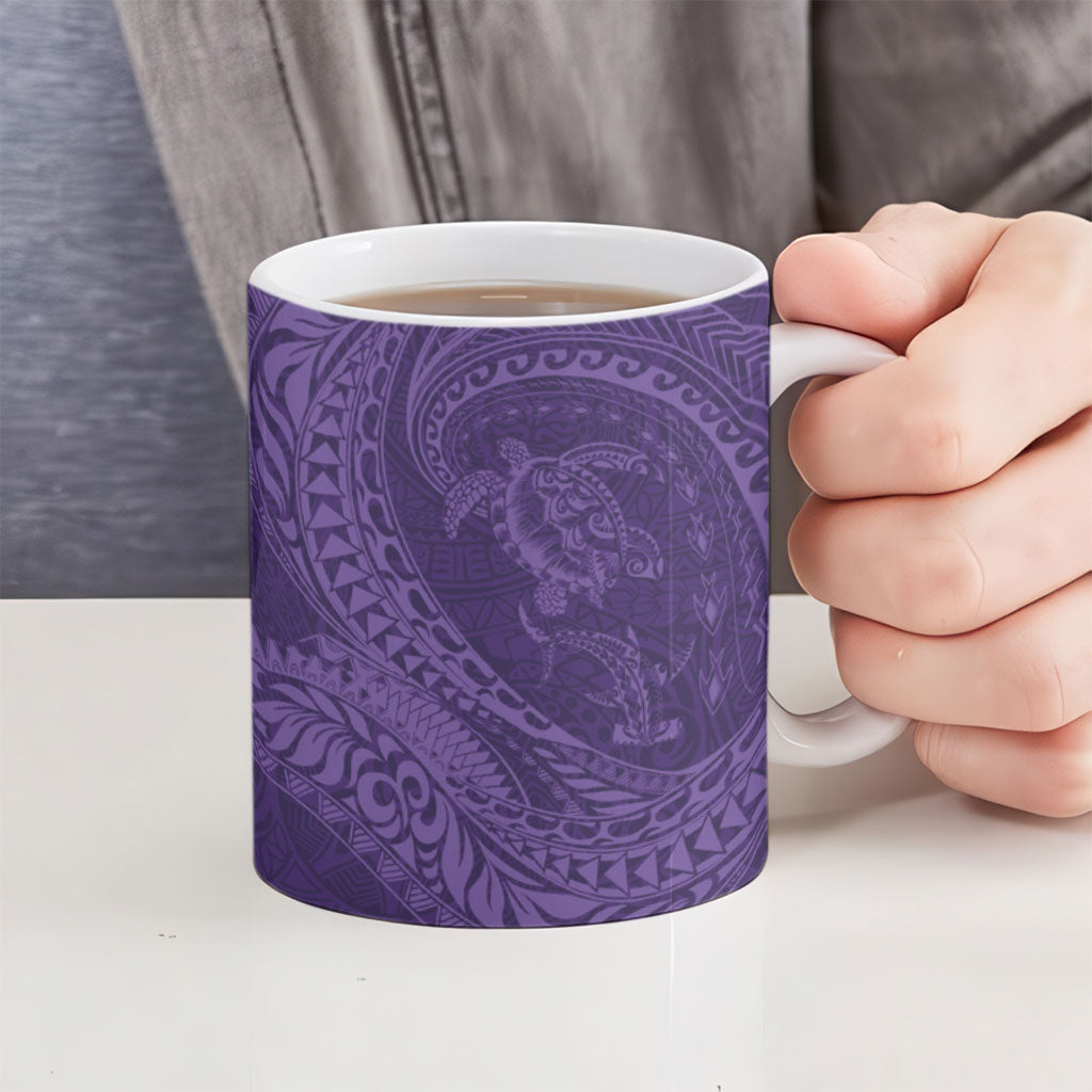 Hawaiian Turtle and Shark Ceramic Mug Kakau Tribal with Polynesian Pattern Purple Color