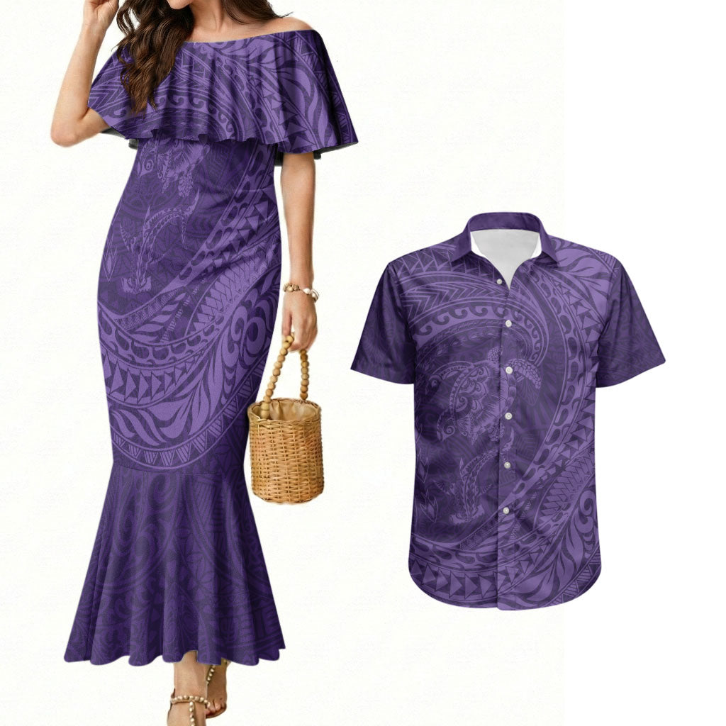 Hawaiian Turtle and Shark Couples Matching Mermaid Dress and Hawaiian Shirt Kakau Tribal with Polynesian Pattern Purple Color