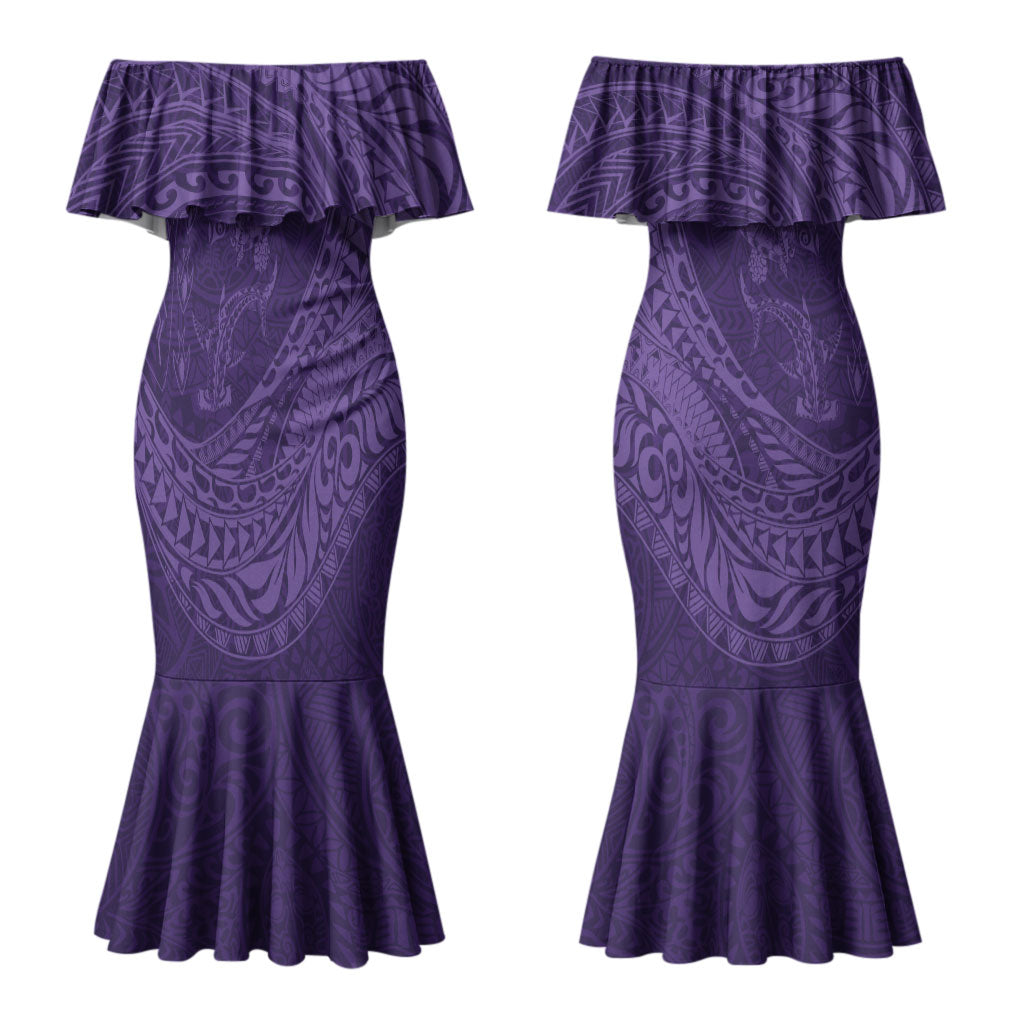 Hawaiian Turtle and Shark Couples Matching Mermaid Dress and Hawaiian Shirt Kakau Tribal with Polynesian Pattern Purple Color