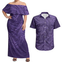 Hawaiian Turtle and Shark Couples Matching Off Shoulder Maxi Dress and Hawaiian Shirt Kakau Tribal with Polynesian Pattern Purple Color