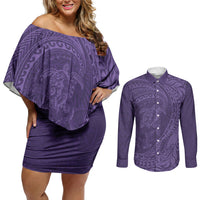 Hawaiian Turtle and Shark Couples Matching Off Shoulder Short Dress and Long Sleeve Button Shirt Kakau Tribal with Polynesian Pattern Purple Color