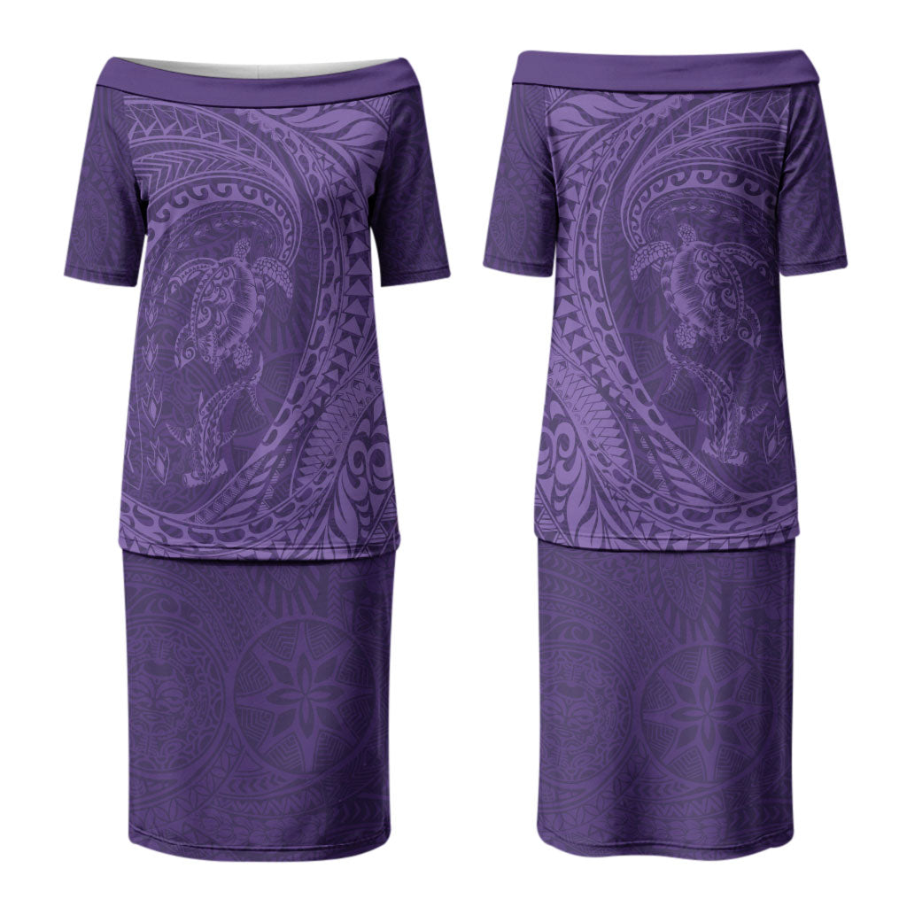 Hawaiian Turtle and Shark Couples Matching Puletasi and Hawaiian Shirt Kakau Tribal with Polynesian Pattern Purple Color