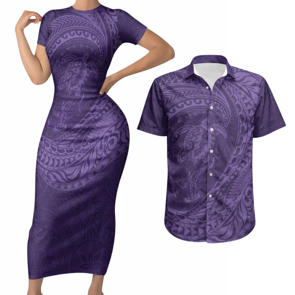 Hawaiian Turtle and Shark Couples Matching Short Sleeve Bodycon Dress and Hawaiian Shirt Kakau Tribal with Polynesian Pattern Purple Color
