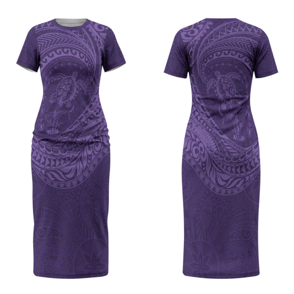 Hawaiian Turtle and Shark Couples Matching Short Sleeve Bodycon Dress and Hawaiian Shirt Kakau Tribal with Polynesian Pattern Purple Color