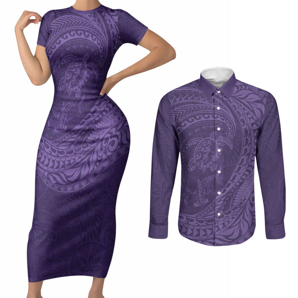Hawaiian Turtle and Shark Couples Matching Short Sleeve Bodycon Dress and Long Sleeve Button Shirt Kakau Tribal with Polynesian Pattern Purple Color