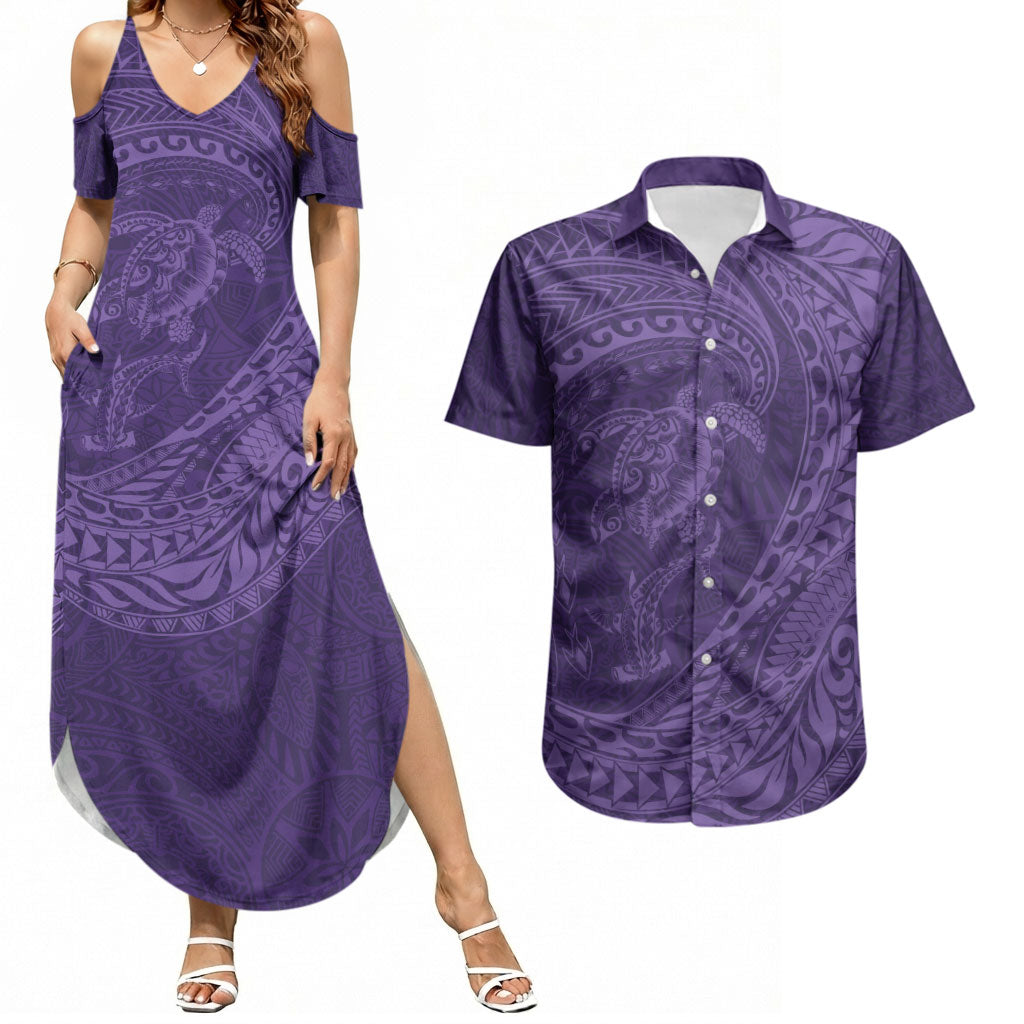 Hawaiian Turtle and Shark Couples Matching Summer Maxi Dress and Hawaiian Shirt Kakau Tribal with Polynesian Pattern Purple Color